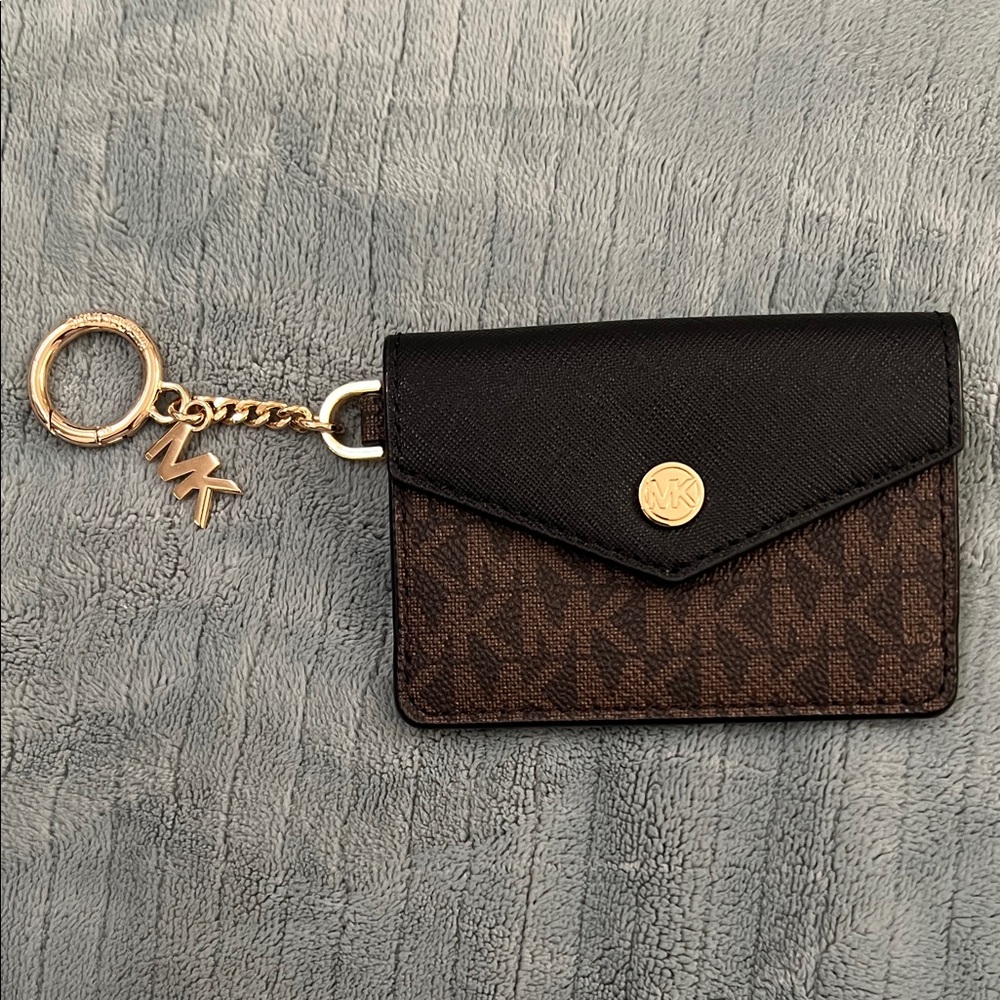 Michael Kors Black and Brown Card Wallet with Gold Charm